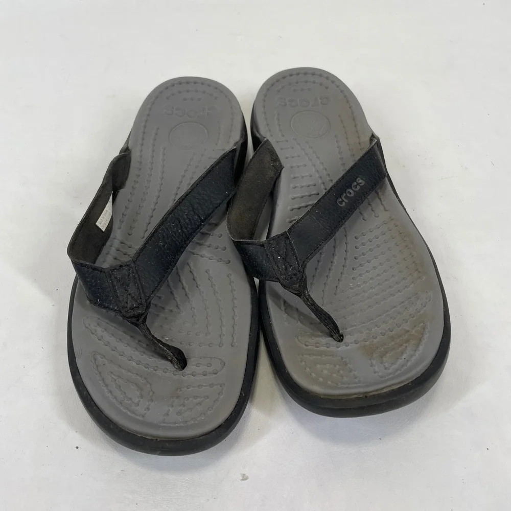 Crocs Yukon Mens Flip Flops Black Grey Leather Strap Sandals Size 9
